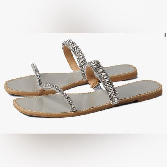 Women’s Badgley Mischka Women's Thina Flat Sandal sz 5 Silver Rhinestone Slide - Picture 1 of 5